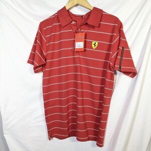 NWT Ferrari Polo Shirt Mens Red White Stripe Scuderia Shield Cotton L- Slim Fit